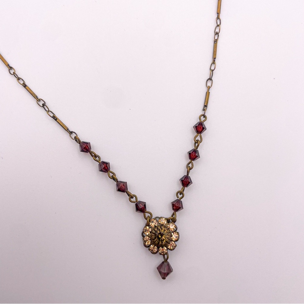 Liz Paiacios SF Signed Brass Toned Rhinestone Necklace w Yellow and Garnet Color